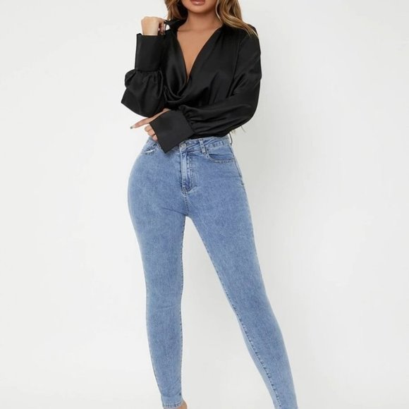 Draped Cowl Neck Long Lantern Bishop Sleeve Blouse - Satin black - Picture 3 of 6